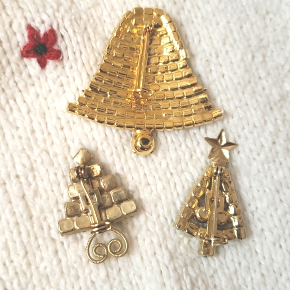 Vintage 3 Rhinestone Christmas Bell and Tree Brooches Pins EUC - Picture 10 of 12